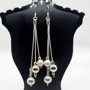 S925 sterling silver triple line long bead drop earrings ball fashion chic bead